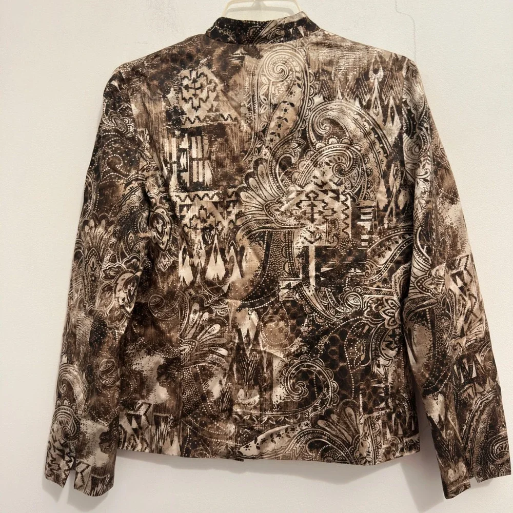 Chico's Blazer Jacket Brown Paisley Silk Cotton Print Size 0 XS Open Front Hook